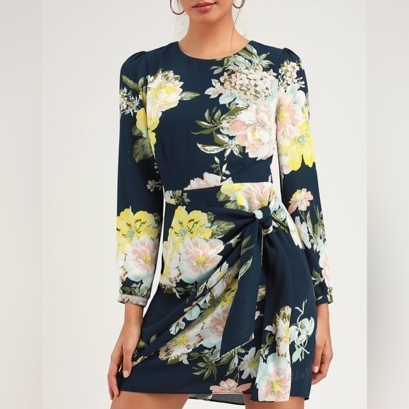 SOCIALITE Rice Navy Blue Floral Print Tie-Front Long Sleeve Dress | Size XS - Picture 1 of 16